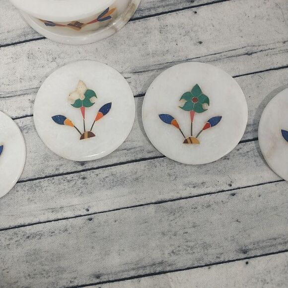 6PC Flower Mosaic Beautiful White Granite Coaster 3” Coaster Damaged As Shown. - Picture 3 of 10